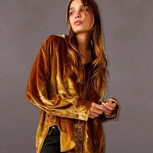 Free People Night Skies Velvet Button Up Long Sleeve - Gold